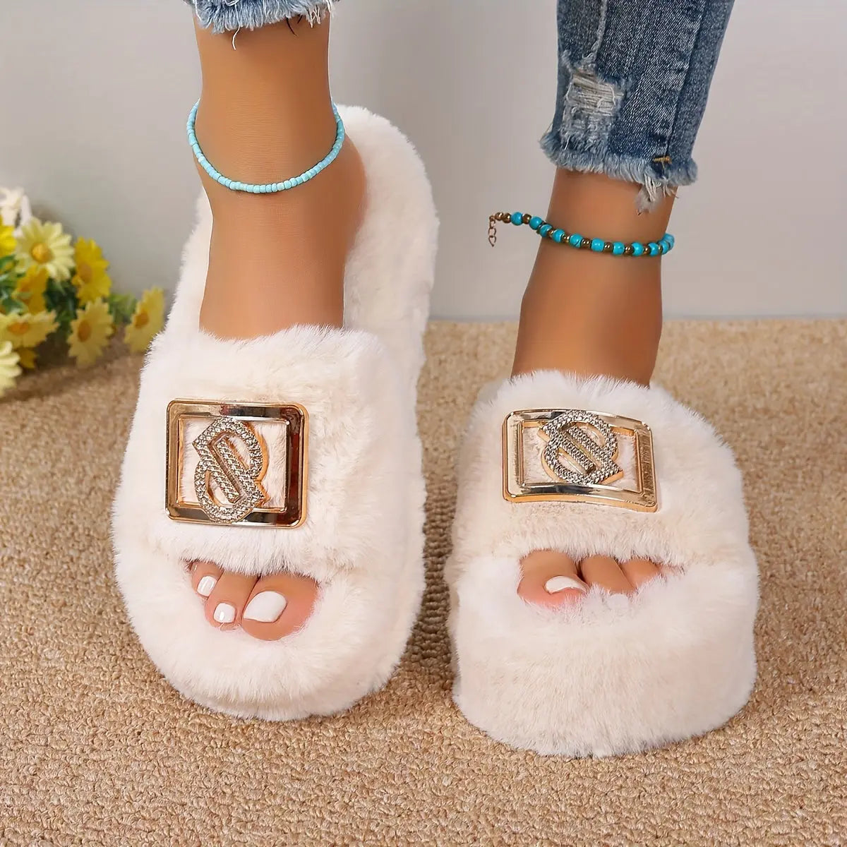 [Plush Slippers] Comfortable Women's Plush Slippers | Thick Sole, Faux Furry Material, Black/Brown/Grey, Metallic Buckle - Indoor Shoes for All Seasons Chic Le'Meek