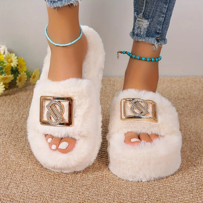[Plush Slippers] Comfortable Women's Plush Slippers | Thick Sole, Faux Furry Material, Black/Brown/Grey, Metallic Buckle - Indoor Shoes for All Seasons Chic Le'Meek