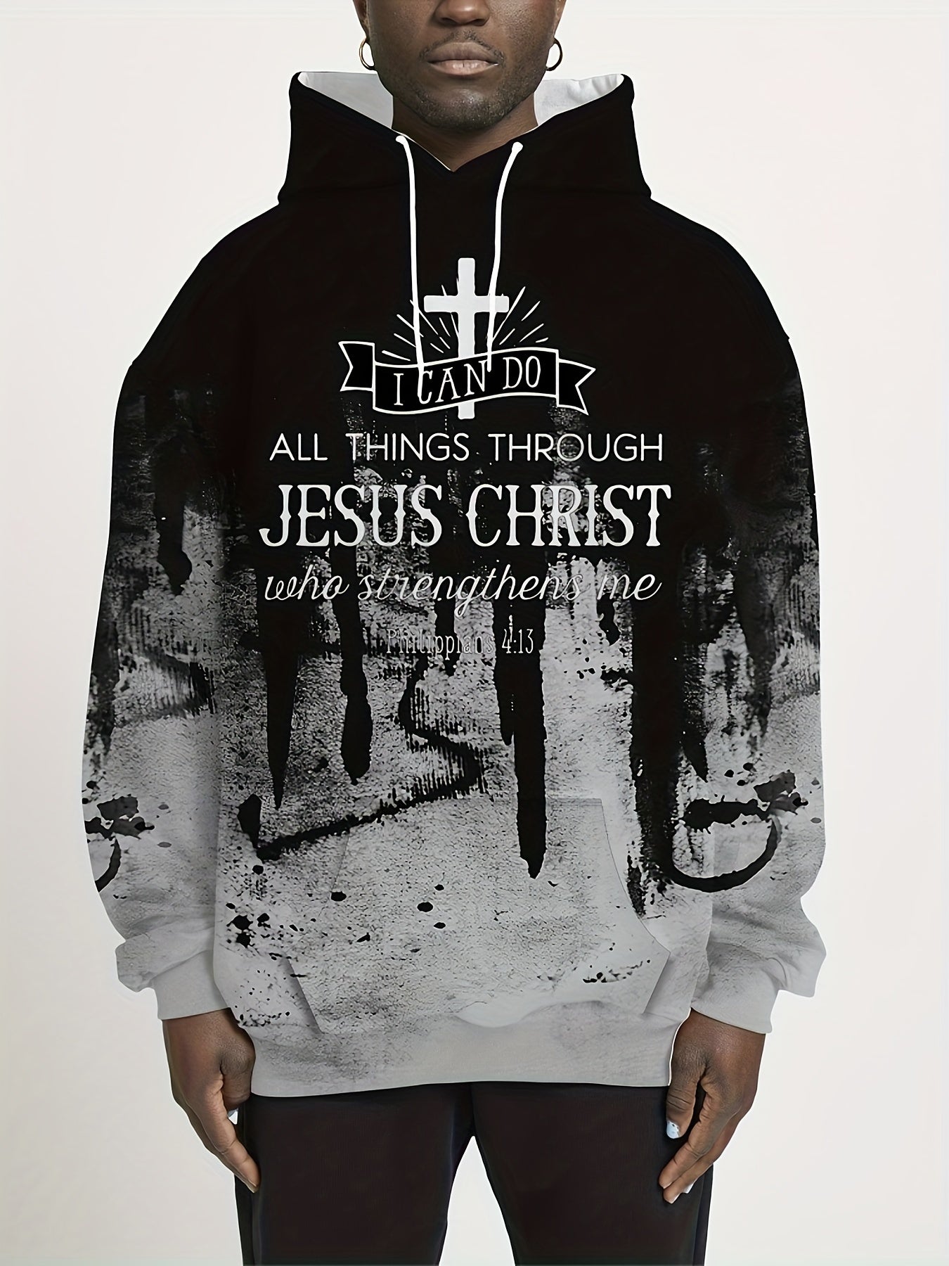 JESUS CHRIST Print Men's Casual Long Sleeve Hoodie With Drawstring Pockets, Trendy 3D Letter Graphic Hooded Pullover Sweatshirt Loungewear Top Daily Tops For Autumn