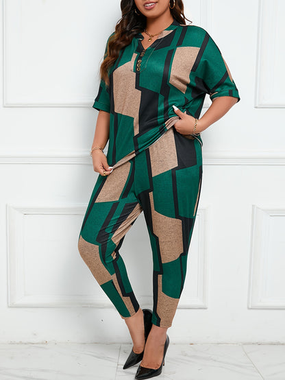 Plus Size Two-Piece Set - V Neck Short Sleeve Top and Pants Outfit with Geometric Print, Medium Stretch Polyester Fabric, Elegant and Casual Style for Women - Customized Knit Fabric Lash Sets