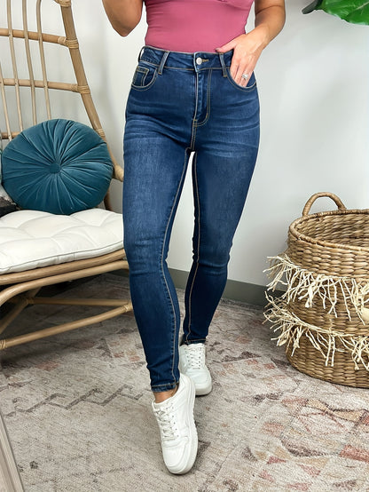 Plus Size High Waisted Skinny Fit Jeans Stretchy Plain Washed Blue Denim Jeans Pants