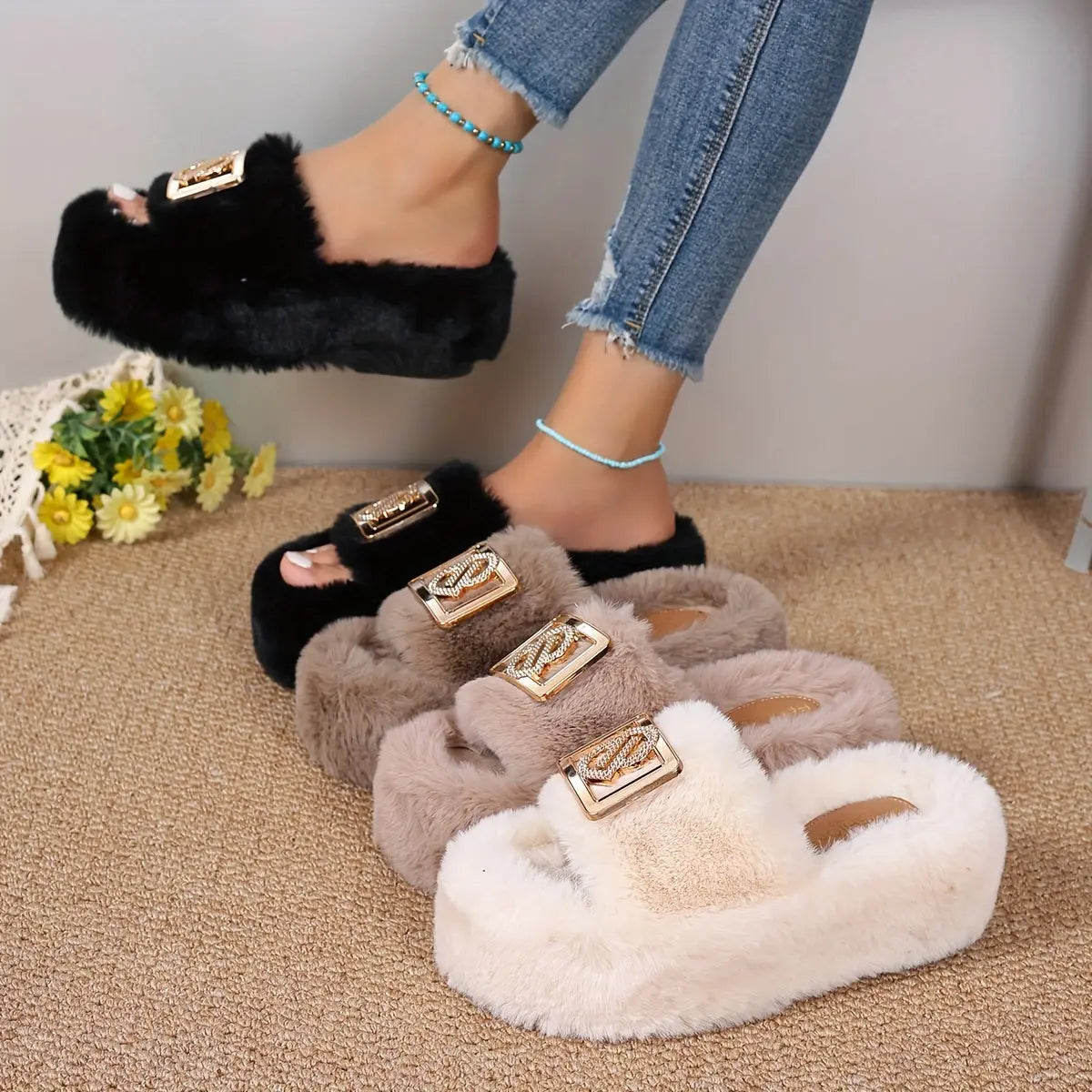[Plush Slippers] Comfortable Women's Plush Slippers | Thick Sole, Faux Furry Material, Black/Brown/Grey, Metallic Buckle - Indoor Shoes for All Seasons Chic Le'Meek