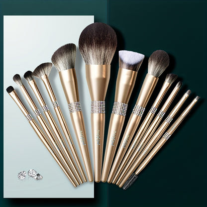 12-Piece Luxurious Crystal Makeup Brush Set - Soft, Cruelty-Free Bristles, Champagne Golden Handle, Portable Case - Ideal for Powder, Blush, Foundation, Eyeshadow, Highlighter, Concealer, and Makeup Artists of All Levels