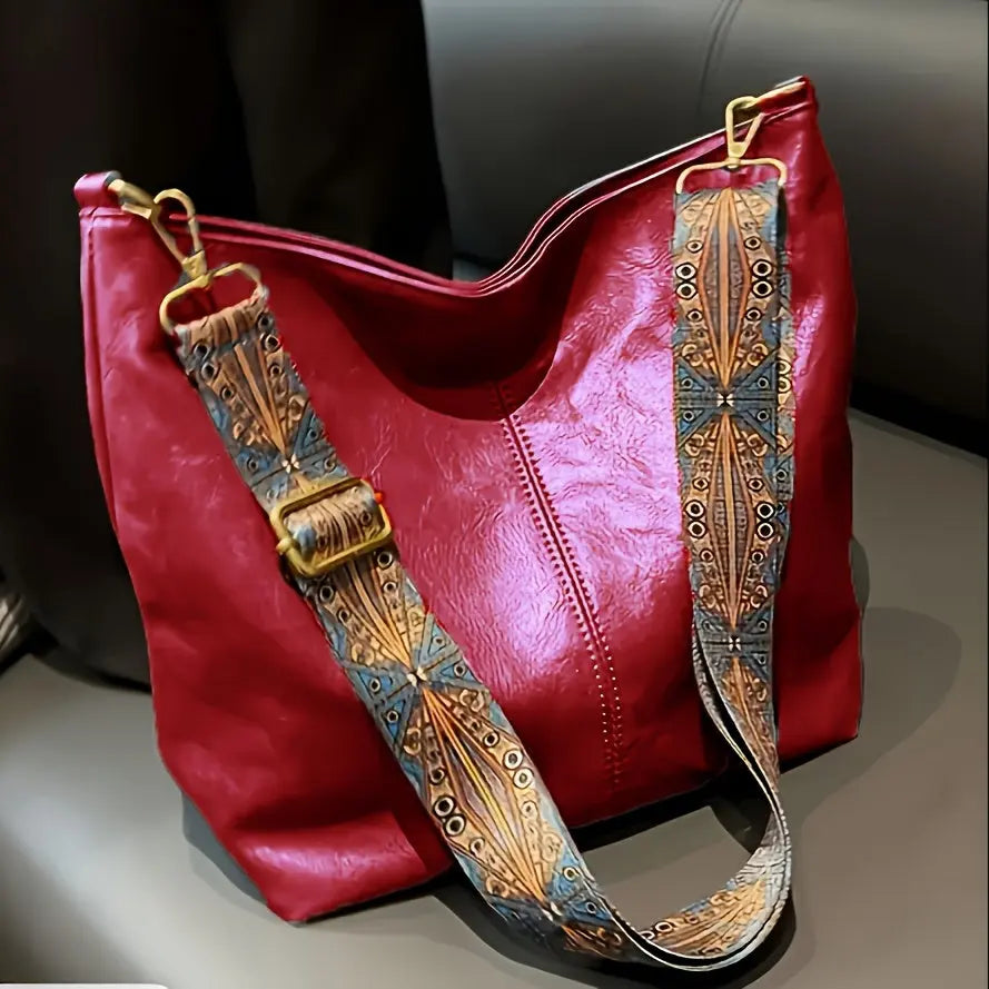 [Vintage Tote Bag] Large Vintage Tote Bag | Crossbody Bag with Removable Strap, Zipper Closure, Polyester Lining, Random Printing, No Edge Paint, for Women, Black/Beige/Rose Red/Pink/Light Grey/Blue/Light Green/Green/Light Br Chic Le'Meek