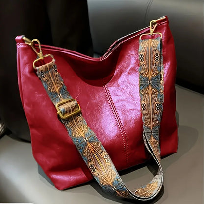 [Vintage Tote Bag] Large Vintage Tote Bag | Crossbody Bag with Removable Strap, Zipper Closure, Polyester Lining, Random Printing, No Edge Paint, for Women, Black/Beige/Rose Red/Pink/Light Grey/Blue/Light Green/Green/Light Br Chic Le'Meek