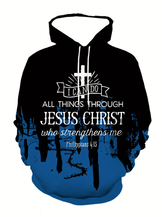 Plus Size Men's Gradient Color Hoodies, "Jesus Christ" & Cross Print Hooded Sweatshirt For Fall Winter, Men's Clothing