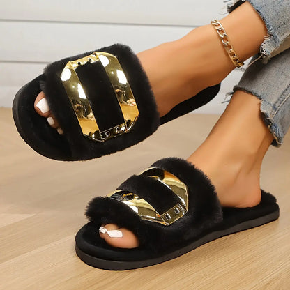 Women'S Black Satin Slippers with Golden Floral Applique - Soft Furry, Flat Sole, Indoor House Shoes for Bedroom & Vacation, All-Season Comfort, Wooden Floor Design, Bedroom Slippers | Elegant Home Footwear | Faux Cover Upper Chic Le'Meek
