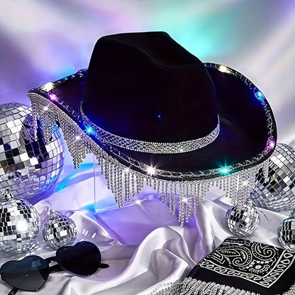 3 Pcs Sparkling Rhinestone Cowboy Hat Set - Glittering Headwear with Detachable Glasses, Headscarves, Adhesive Rhinestone Letter Patches, and Stylish Accessories for Costume Party or Fashion Statement