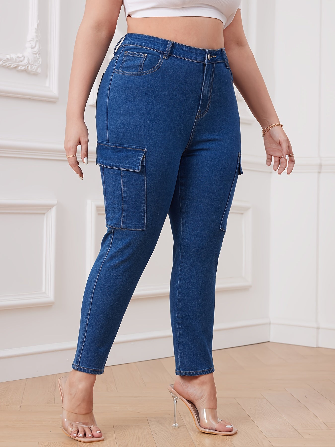 Women's Casual Jeans, Plus Size Side Flap Pocket Plain Blue High Waisted Cargo Slim Fit Denim Pants