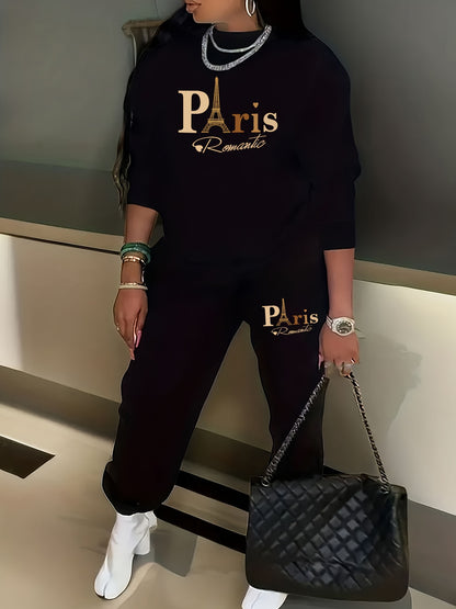 Plus Size Paris Print Two-Piece Set - Soft Slight Stretch Polyester Crew Neck Long Sleeve Sweatshirt and Sweatpants Outfits - Machine Washable, Casual, Alphabets Pattern, Positioning Printing, Knit Fabric