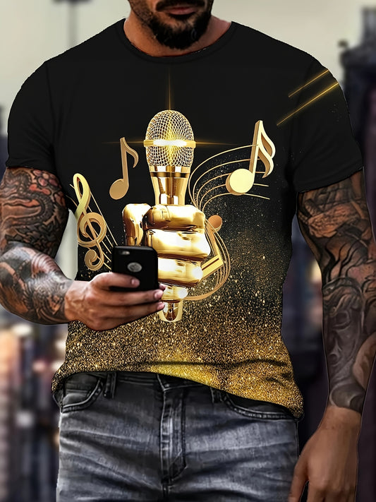 Mens 3D Printed Microphone & Notes Graphic Tee - Comfortable Crew Neck, Short Sleeves, Fashionable Summer Style - Music Inspired, Trendy Leisurewear