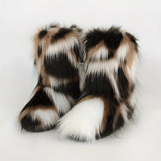 Women's Faux Fur Snow Boots, Trendy Slip On Mid Calf Boots, Women's Comfortable Winter Boots Chic Le'Meek