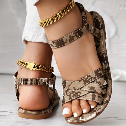 Stylish Camo Print Flat Sandals - Lightweight, Breathable, Elastic Crisscross Bands, Open Toe, Beach, Walking, and Everyday Wear