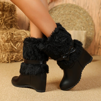 Women's Plush-Lined Winter Boots - Cozy Slip-On Mid-Calf Riding Boots with Thick Sole, Round Toe, and Bow Detail in White, Black, and Pink - Perfect for Cold Weather Comfort, Snow Boots Chic Le'Meek