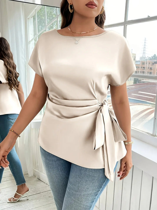 Plus Size - Women's Elegant Satin Blouse with Bow Detail - Short Sleeve AliExpress