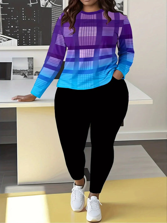 Plus Size Gradient Plaid Print Tracksuit Set - Casual Long Sleeve CrewNeck Pullover with Pockets & Coordinating Pants KnitFabric Slight Stretch - iddle Eastern Collection Chic Le'Meek