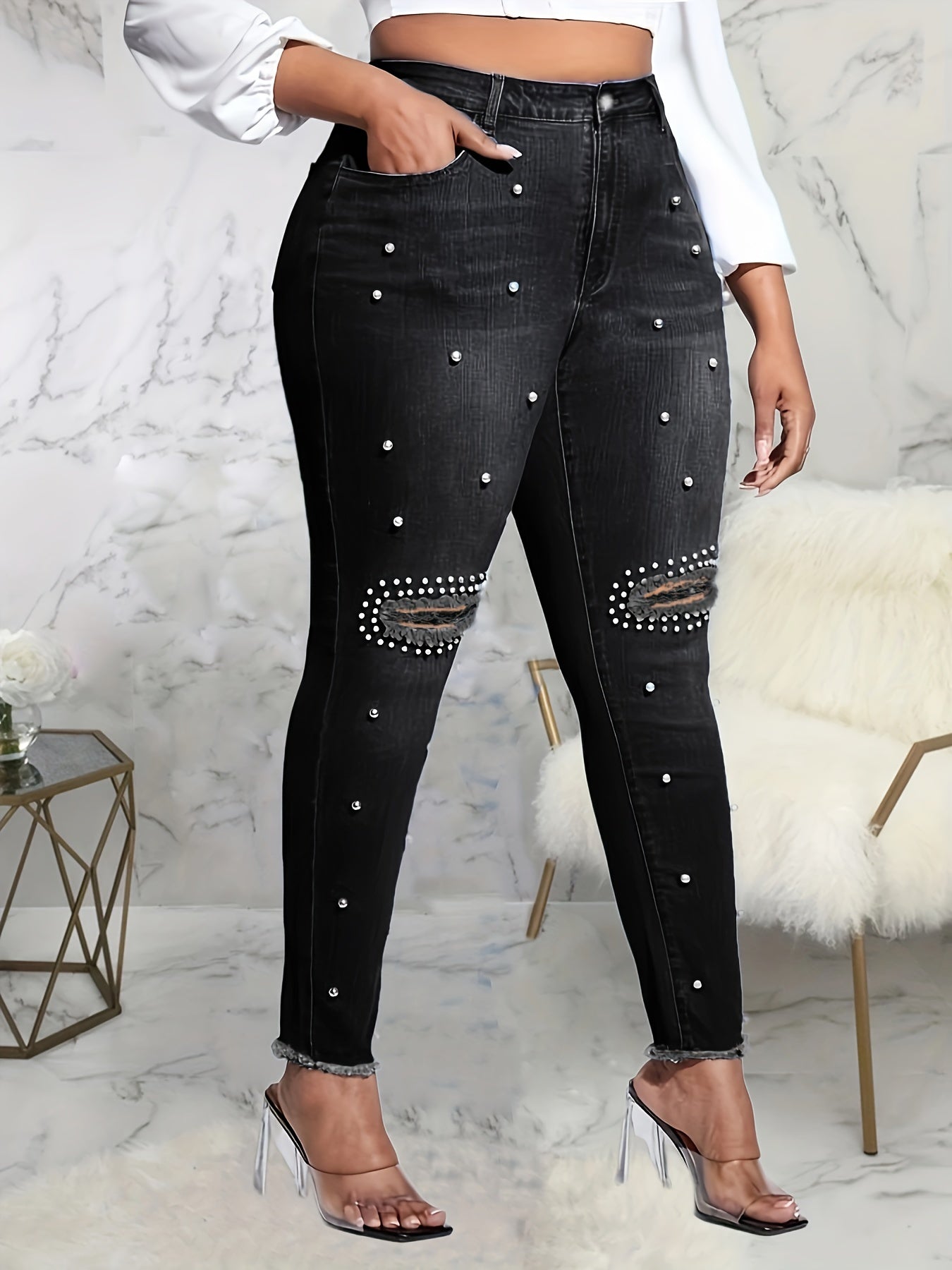 Plus Size Casual Jeans, Women's Plus Faux Pearl Decor Washed Ripped Button Fly Fringe Trim High Rise High Stretch Skinny Jeans For Fall