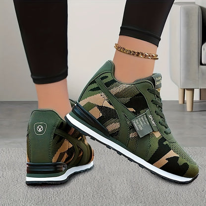 Womens Fashion Camouflage Sneakers - Platform Lace-Up Trainers with Soft Sole & Mesh Upper,  Ideal for Fitness & Style