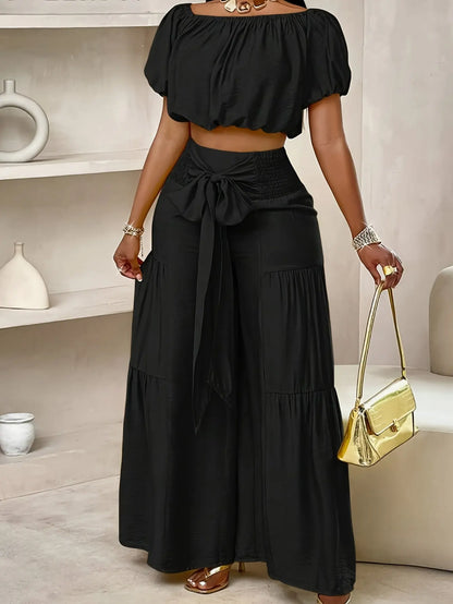 Women'S Summer Plus Size Beach Vacation Style One Shoulder Puff Sleeve Ruffle Off Shoulder Cropped Top And Wide Leg Pants Set Chic Le'Meek