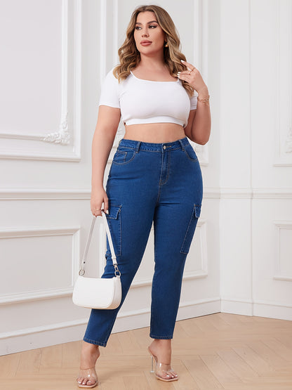 Women's Casual Jeans, Plus Size Side Flap Pocket Plain Blue High Waisted Cargo Slim Fit Denim Pants