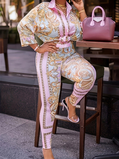 Plus Size Boho Chic Baroque Print Outfit Set - Stylish Button Up Blouse & Flowy Pants, Womens Two Piece Ensemble for Effortless Glamour