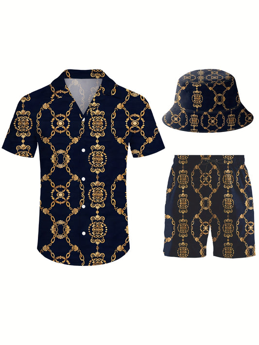 Men's 3pcs retro Outfit beach set, gold chains sportswear, Hawaiian sportswear set, shirt beach shorts and fisherman hat Bucket Hat