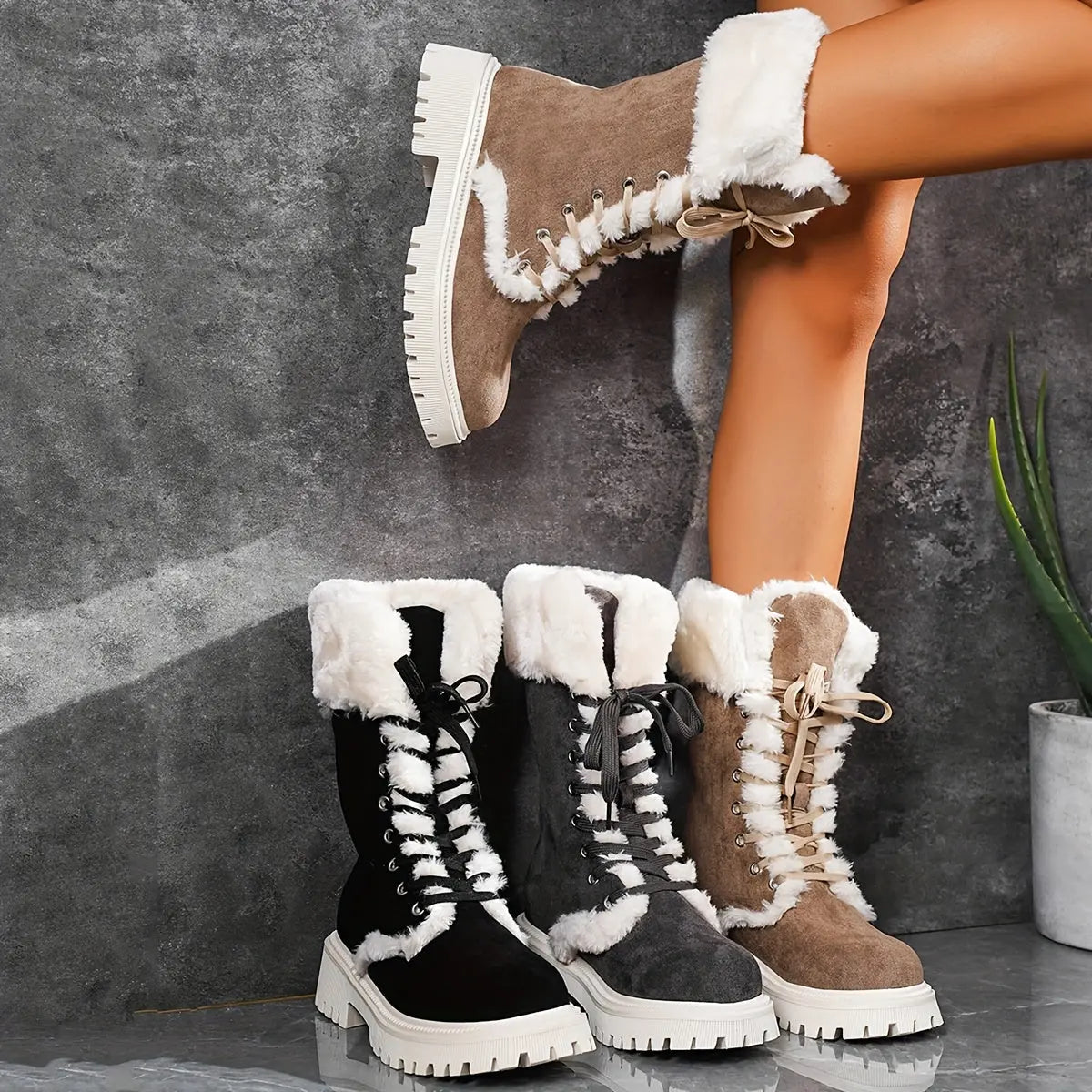 Women's Fashion Casual Lace-Up Mid-Calf Boots with Plush Lining, Round Toe Chunky Low Heel - Velvet Upper, Fabric Lining, TPR Sole Chic Le'Meek
