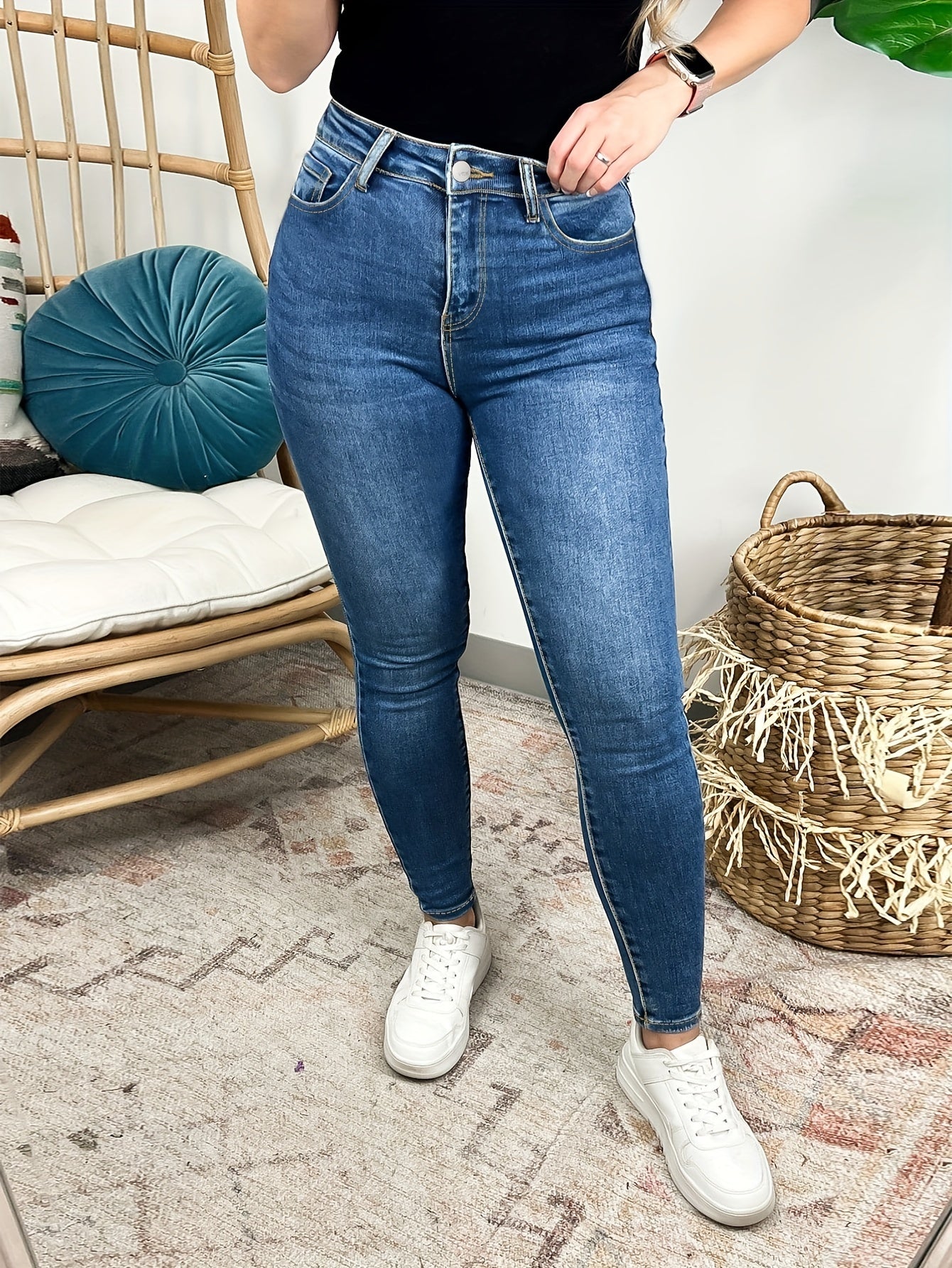 Plus Size High Waisted Skinny Fit Jeans Stretchy Plain Washed Blue Denim Jeans Pants