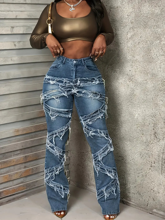 Women'S Large Size Mid-rise Skinny Jeans With Flared Design. Multi-layer Stacking With Distressed Edges. Highly Elastic And Comfortable Soft Denim Fabric. Suitable For Spring And Summer. Chic Le'Meek