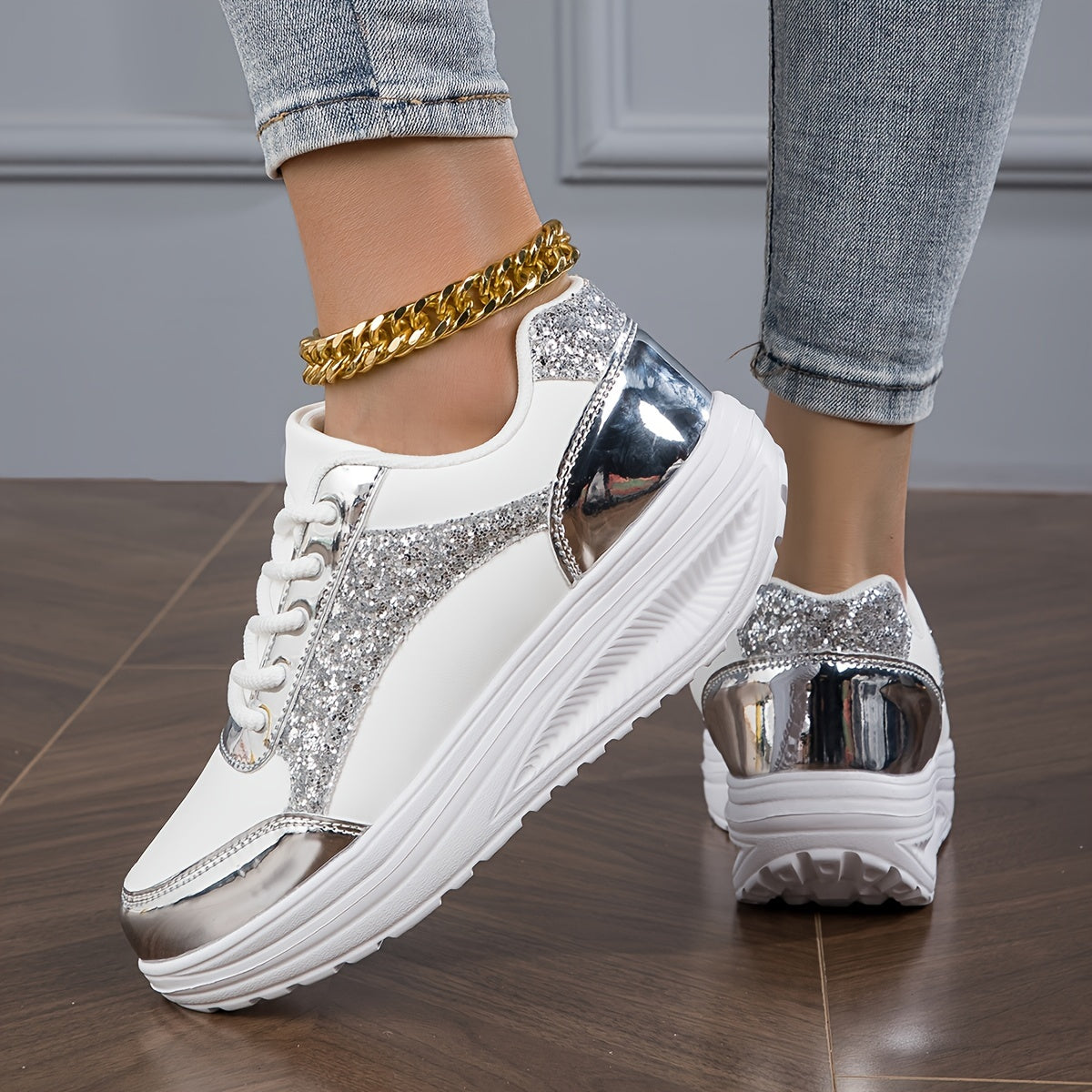 New Season All-Season Lightweight Mesh Breathable Sneakers - Sequin Decorated Faux Leather Upper, Thick EVA Sole, Superfine Fiber Insole, Random Printing - Perfect for Casual Running and Everyday Wear