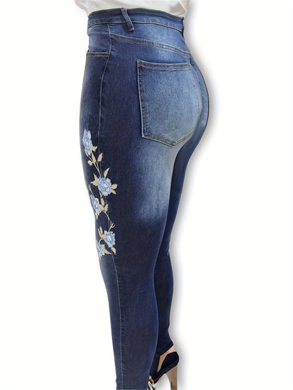 Plus Size Casual Jeans, Women's Plus Washed Floral Embroidery Button Fly Skinny Jeans