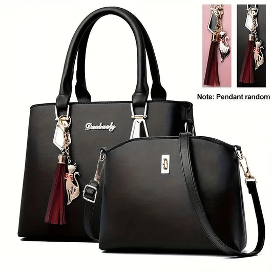 2-Piece Set: Chic Fashion Shoulder Bag and Crossbody Bag Combo - Zipper Closure, Pendant Detail, Solid Color Faux Leather with Nylon Lining - Spring 2024 European Style Casual Handbag Collection for Occasions Chic Le'Meek