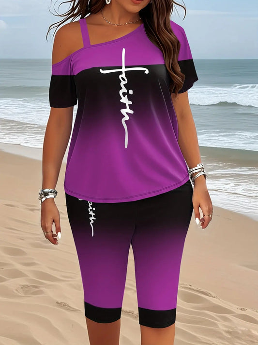 Large size Women's fashion set, gradient color set, faith print Chic Le'Meek
