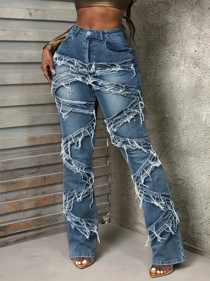 Women'S Large Size Mid-rise Skinny Jeans With Flared Design. Multi-layer Stacking With Distressed Edges. Highly Elastic And Comfortable Soft Denim Fabric. Suitable For Spring And Summer. Chic Le'Meek