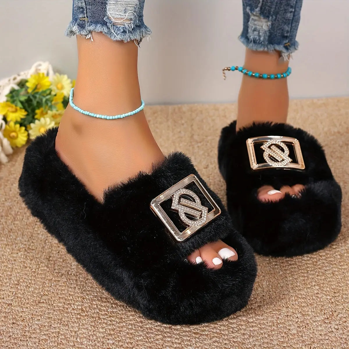 [Plush Slippers] Comfortable Women's Plush Slippers | Thick Sole, Faux Furry Material, Black/Brown/Grey, Metallic Buckle - Indoor Shoes for All Seasons Chic Le'Meek