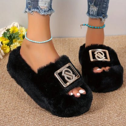 [Plush Slippers] Comfortable Women's Plush Slippers | Thick Sole, Faux Furry Material, Black/Brown/Grey, Metallic Buckle - Indoor Shoes for All Seasons Chic Le'Meek