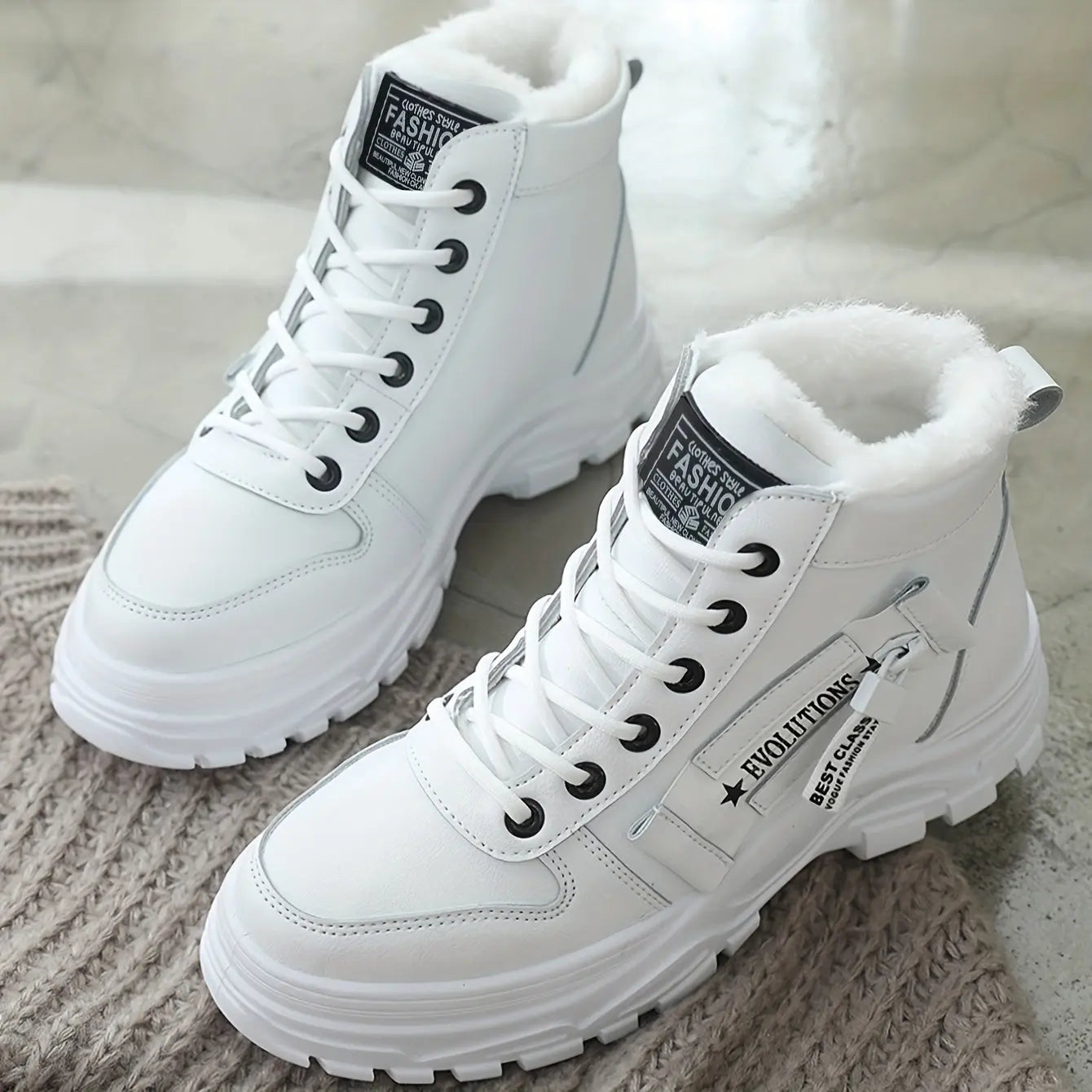 [Warm Fleece-Lined Winter Boots] Warm Fleece-Lined Women's Winter High-Top Boots - Thick Rubber Sole, Lace-Up Casual Style, White & Beige, Perfect for Cold Weather Comfort Chic Le'Meek