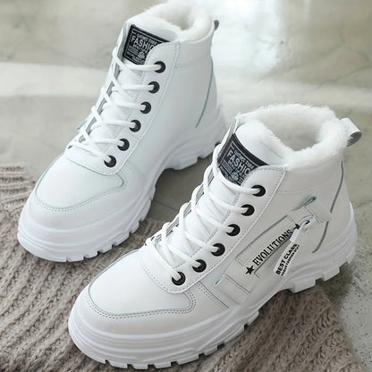 [Warm Fleece-Lined Winter Boots] Warm Fleece-Lined Women's Winter High-Top Boots - Thick Rubber Sole, Lace-Up Casual Style, White & Beige, Perfect for Cold Weather Comfort Chic Le'Meek