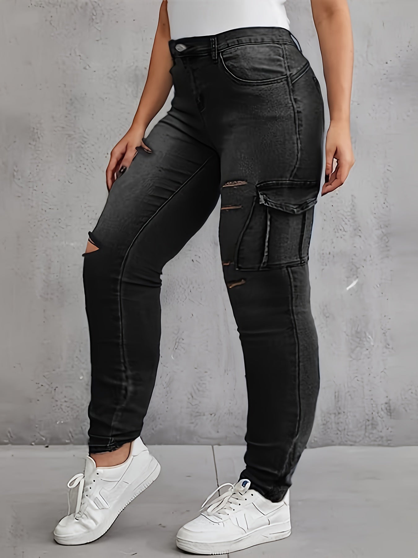 Plus Size Casual Jeans, Women's Plus Washed Button Fly Ripped Medium Stretch Cargo Jeans With Pockets