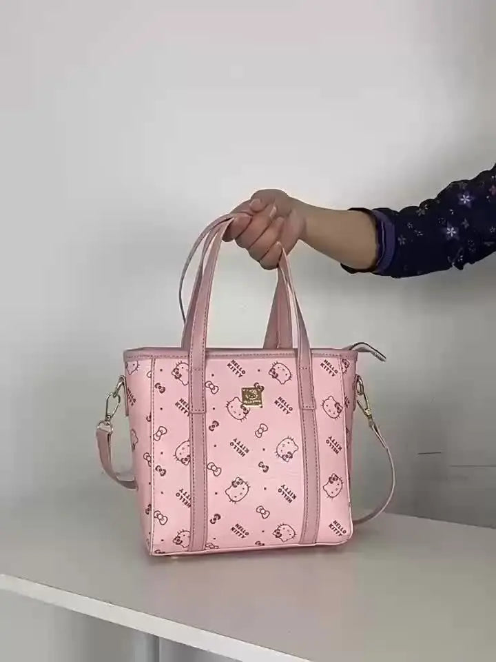 Hello Kitty Faux Leather Top-Handle Bag - Pink, Lightweight, Fixed Shoulder Straps, Zipper Closure | Includes Clutch for Women Chic Le'Meek