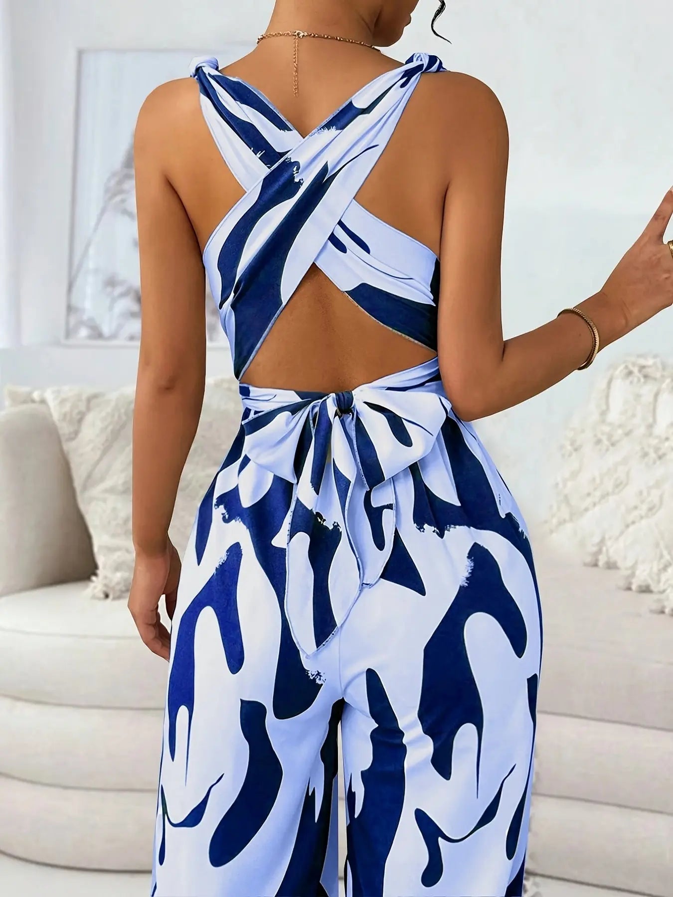 Women's Elegant Backless Jumpsuit with V-Neck & Cross Front Detail - Black & White Abstract Pattern Sleeveless Romper, Machine Washable Spring/Summer Party & Casual Outfit, Ladies Jumpsuit Chic Le'Meek