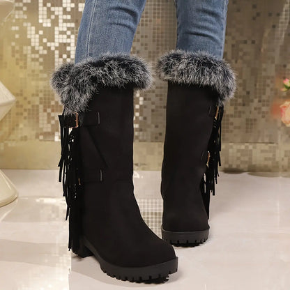 Women's Fluffy Pull On Boots, Platform Soft Sole Thermal Lining Winter Boots, Chunky Heel Tassel & Buckle Snow Boots for halloween Chic Le'Meek