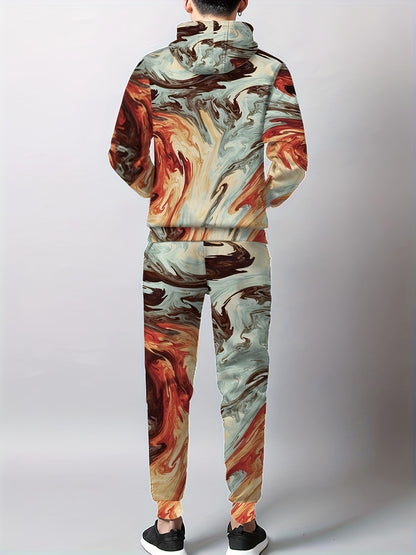 Casual Sporty Two-Piece Outfit With All-over Digital Pattern Print, Long Sleeve Hoodie And Pants Co Ord Set