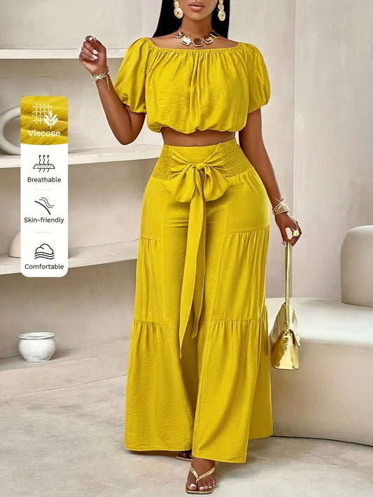 Women'S Summer Plus Size Beach Vacation Style One Shoulder Puff Sleeve Ruffle Off Shoulder Cropped Top And Wide Leg Pants Set Chic Le'Meek