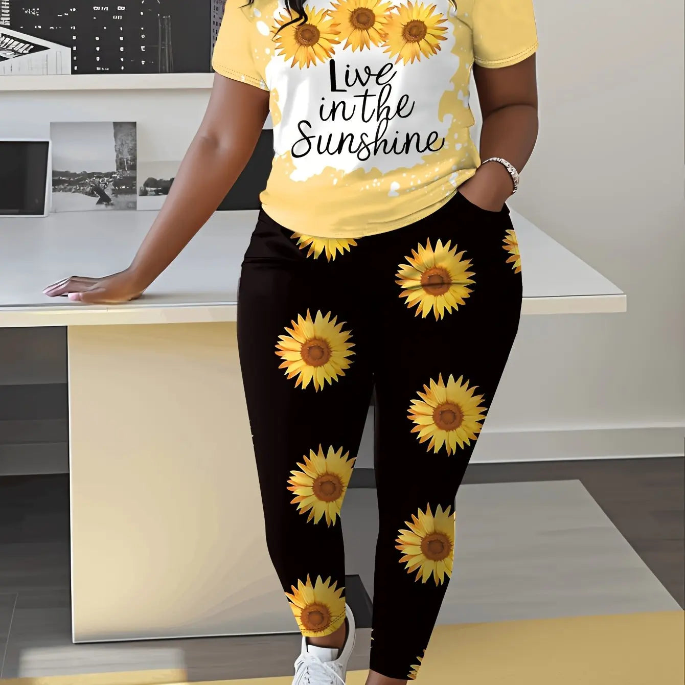Floral Print Live In The Sunshine Lettering Women's Casual Suit - Pants With Pockets Chic Le'Meek
