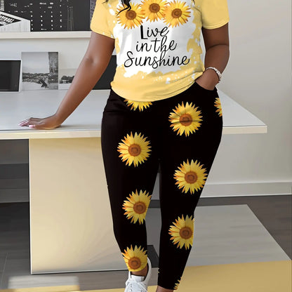 Floral Print Live In The Sunshine Lettering Women's Casual Suit - Pants With Pockets Chic Le'Meek