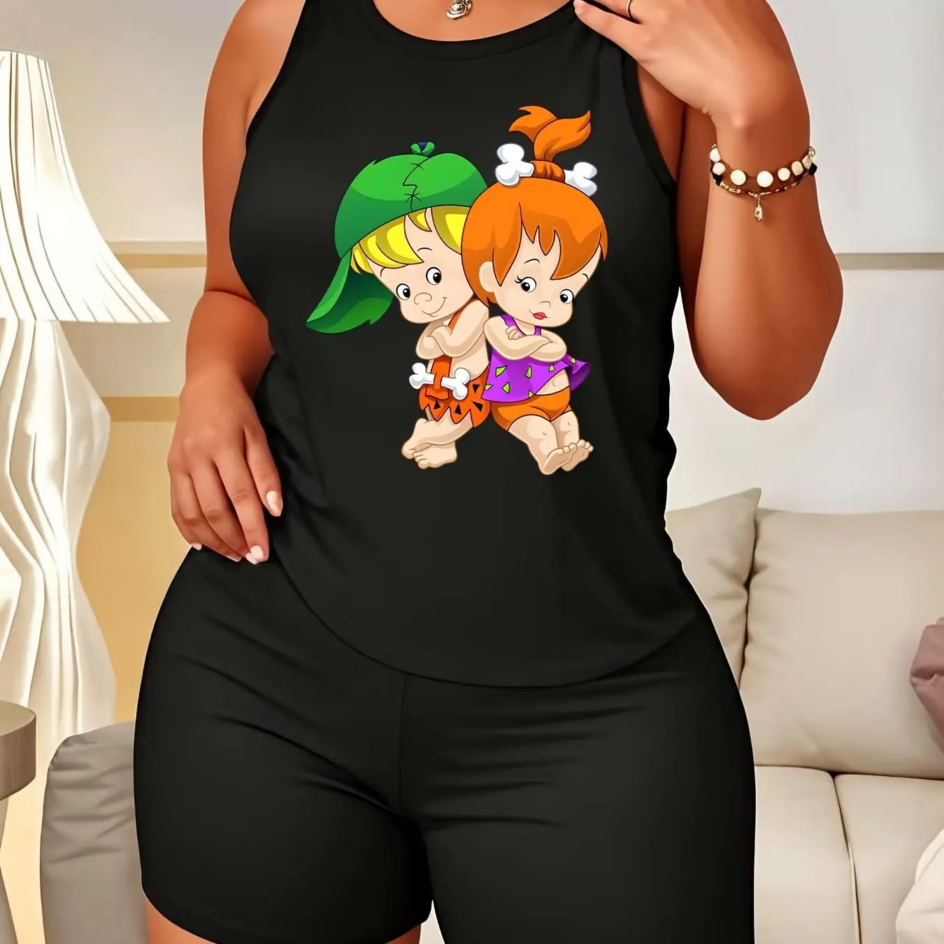 2 Sets Women's Plus Size Animated Sitcom Produced Flintstones Print Sleeveless T-shirt Tops and Shorts Sets Spring/Summer Fashion Outfit Casual Crew Neck Lounge Sets Chic Le'Meek