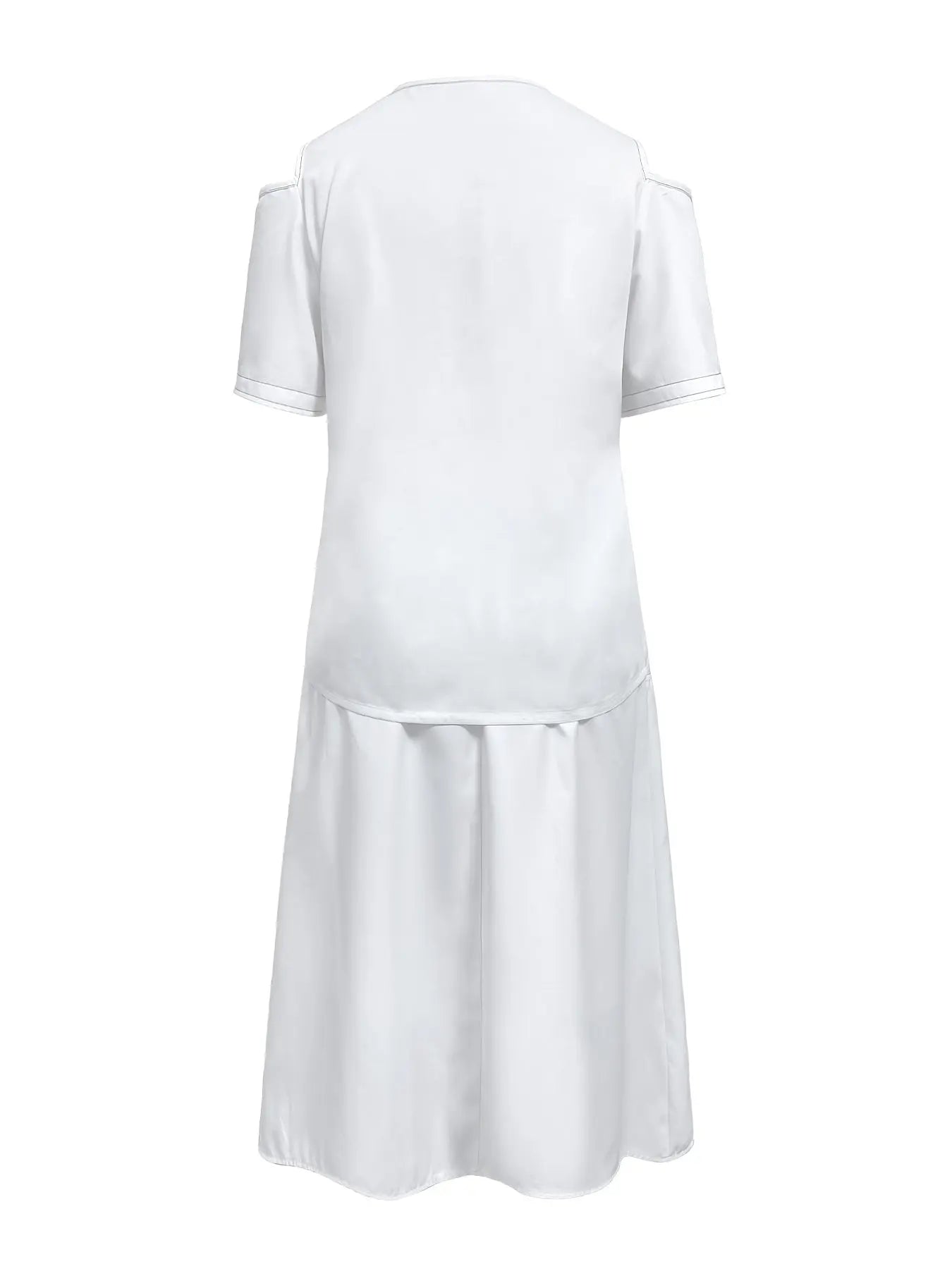 [Cold Shoulder Outfits] 2pcs Cold Shoulder Women's Contrast Trim Short Sleeve Plunge Neck Top & Bodycon Tie Waist Sheath Skirt Set, Cold Shoulder Outfits For Women Chic Le'Meek