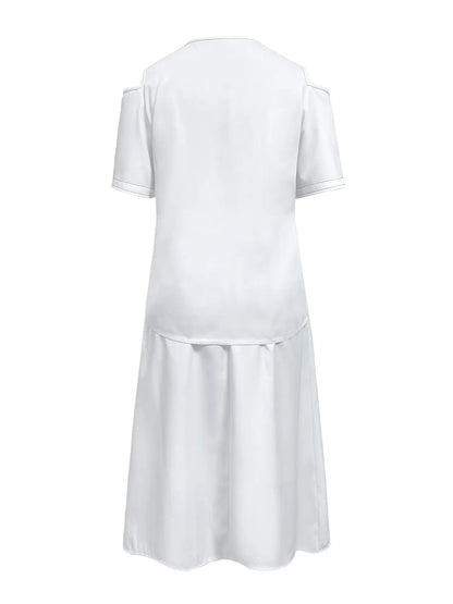 [Cold Shoulder Outfits] 2pcs Cold Shoulder Women's Contrast Trim Short Sleeve Plunge Neck Top & Bodycon Tie Waist Sheath Skirt Set, Cold Shoulder Outfits For Women Chic Le'Meek