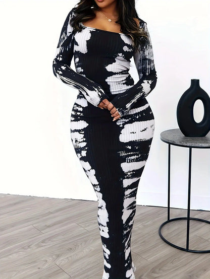 [Minimalist Chic] Elegant Black and White Tie-Dye Maxi Dress for Women - Chic Square Neck, Long Sleeves, Polyester Knit, Machine Washable Chic Le'Meek